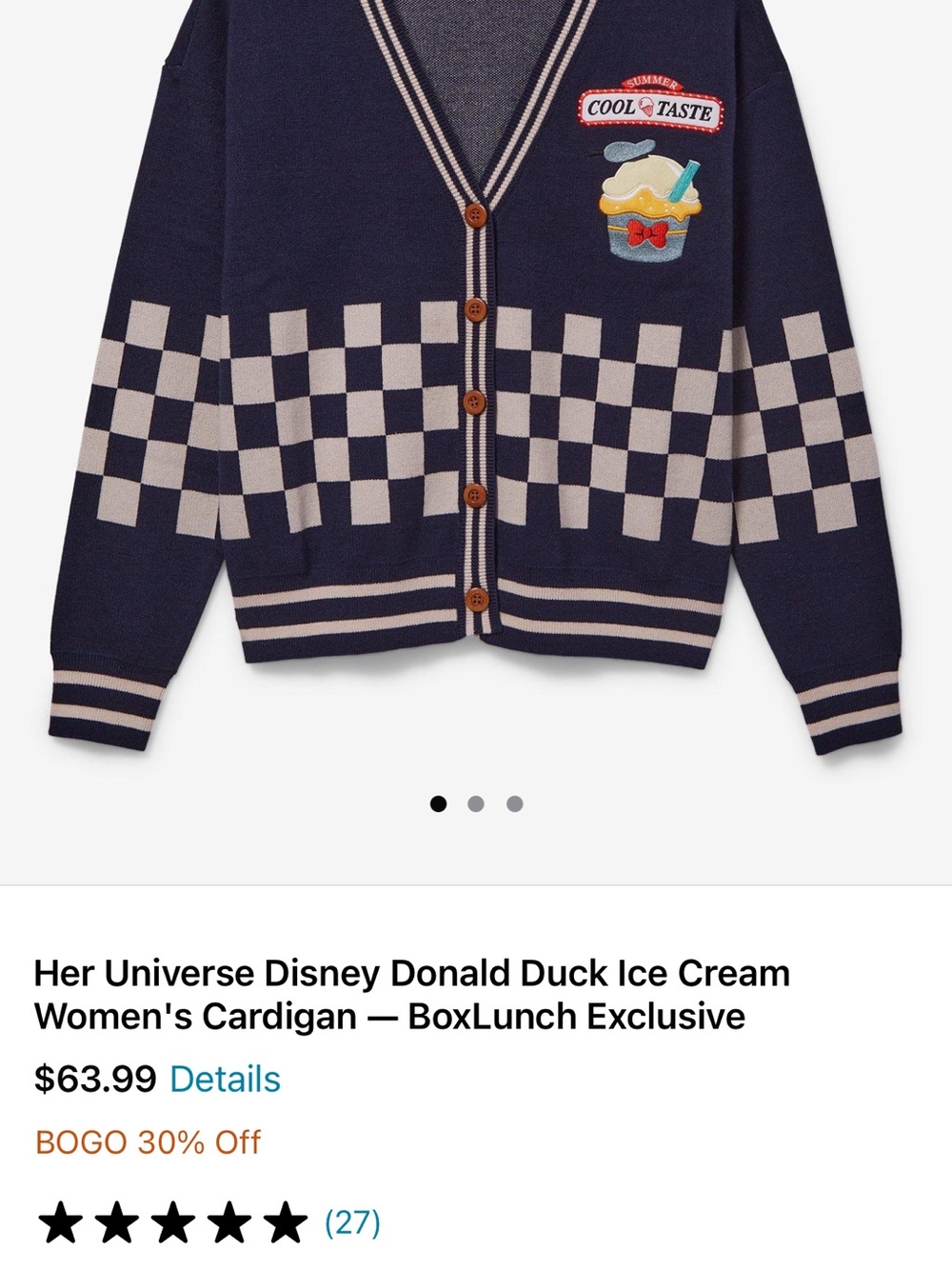 Disney Her Universe Donald Duck Navy and White Checkerboard Cardigan with Patch - Picture 3 of 3